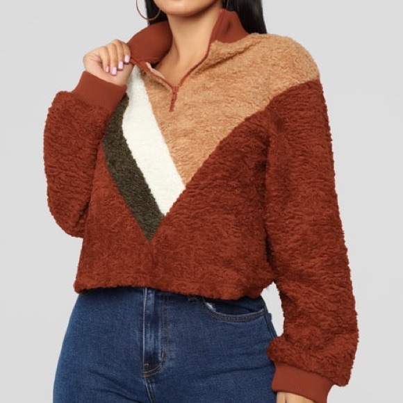 Fashion Nova The Next Movement Pullover Color-block Rust Combo Teddy Sweater L - Picture 4 of 13